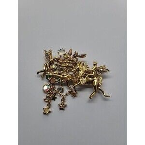 Vintage Kirks Folly Fairy Castle Unicorn Brooch AB Crystals Star Dangles Retired
